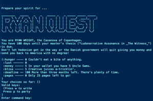 Title screen of the original prototype for Ryan Quest. The prompt reads: 'You are RYAN WRIGHT, the Casanova of Copenhagen. You have 100 days until your master's thesis (Ludonarrative Assonance in _The Witness_) is due. Don't let hedonism get in the way or the Danish government will quit giving you money and send you back to America with no degree!' Below the prompt, the game measures Ryan's hunger, lust, money, time left before thesis deadline, and pages left to write.